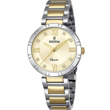 Ρολόι Festina F16937/B με ασημί-χρυσό ατσάλινο μπρασελέ, χρυσό καντραν, μηχανισμό μπαταρίας, στρογγυλό στεφάνι με διάμετρο 32mm αδιάβροχο στις 5ΑΤΜ-50Μ.